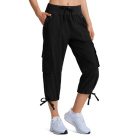 Ksmien Women's Hiking Capris Quick Dry Lightweight Ladies Summer Cargo Pants 8 Pockets for Travel Camping Black
