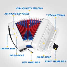 Kids Accordion,Toy Accordion for Kids Ages 3 5 9 7 10 12 Child Children Toddlers Beginners Mini Accordion Musical Instrument 10 Keys Button Small for Boy Girls Christmas（White）