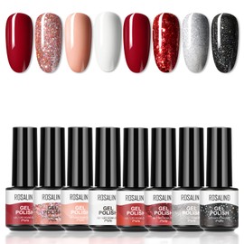 ROSALIND Semi-Permanent Nail Polish Set (8pcs) Semi-Permanent Nail Polish Kit Semi-Permanent UV LED Nail Manicure Set, Mini Red