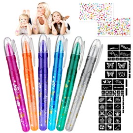 Tattoo Pens for Children - Vaktop Tattoo Pens for Skin, 6 Tattoo Pens with 4 Stencils and 2 Sheets for Glitter Stone Faces, Glitter Tattoo Gel Pens for Boys, Girls, Children's Gift