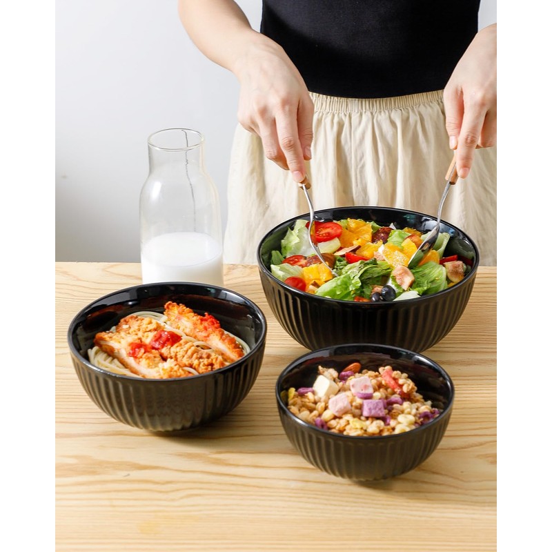 Hasense Porcelain Mixing Bowls of 3, Large Ribbed Black Bowls