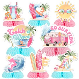 JOYMEMO 8 Pieces Surf Honeycomb Centerpiece for Girl - Surfing Themed Party Supplies for Birthday, Beach Hawaii Surf Party Favors, Baby Shower Supplies