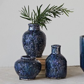 Creative Co-Op Decorative Terra-Cotta Vases with Crackle Glaze, Navy, Set of 3