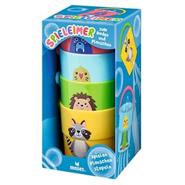 moses. Play Bucket Stacking Set for Bathing and Splashing, Bath Toy, 4 Colourful Buckets with Handles and Hole Pattern, Mini Bucket for Playing in Water and Sand, (38151)