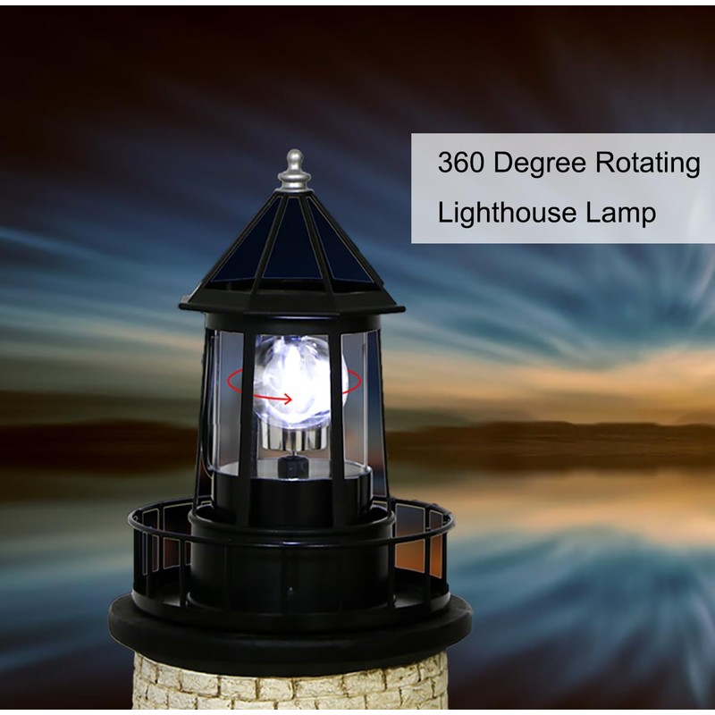 LIFTATAPA LED Solar Powered Lighthouse, 360 Degree Rotating Lighthouse Lamp,