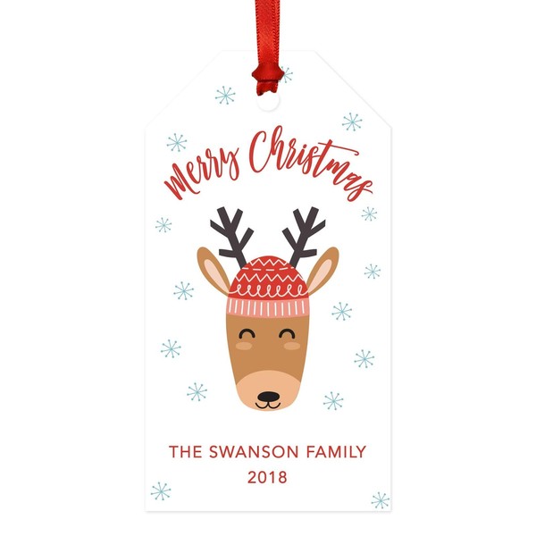 Andaz Press Personalized Christmas Classic Gift Tags, Reindeer with Red Knitted Cap Snowflakes, Merry Christmas, 20-Pack, Custom Name Year