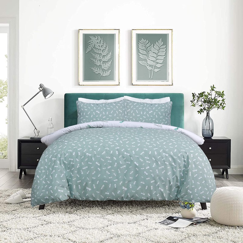 Sleepdown Dragonfly White Green Reversible Duvet Cover Quilt Pipe Edge