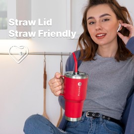 Bluwing - Taza de café de 20 onzas con asa, de acero inoxidable, aislamiento de doble pared, con popote y tapa deslizante a prueba de fugas (Azul Cielo)