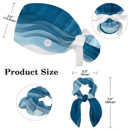 IROLSKDNFH Women’s Working Caps with Button Art Watercolor Blue Waves Long Hair Cover Ribbon Lace-Up Scrub Cap