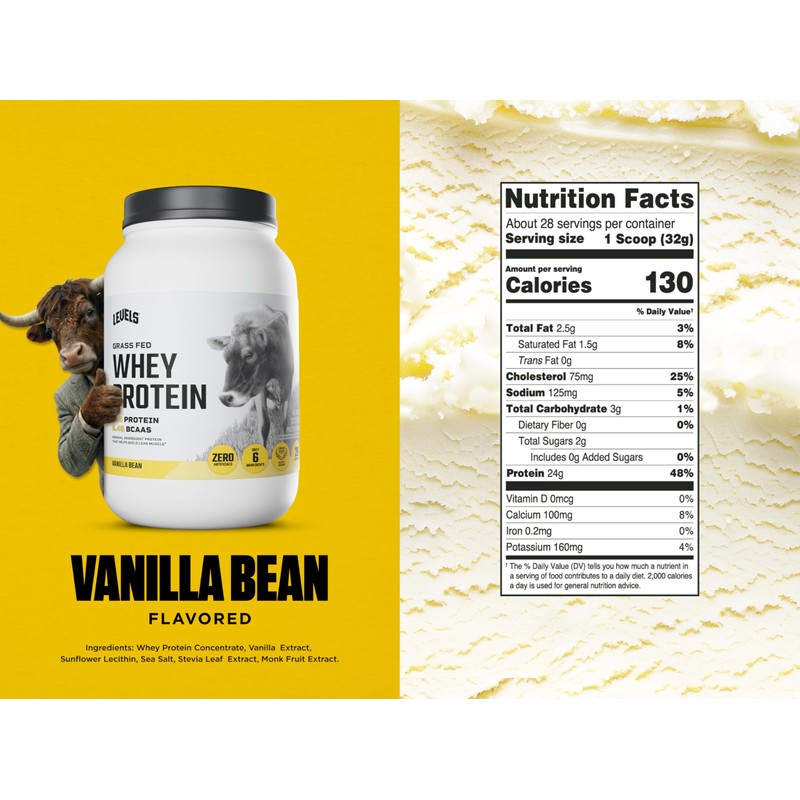 Levels Grass Fed Whey Protein Powder, No Artificials, 24G of