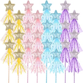 Glitter Star Magic Wand Princess Wand Fairy Wand Angel Star Wand Sticks with Ribbon for Girl Kids Birthday Wedding Princess Dress up Role Play Party Supplies Favors, Pink Purple Gold Blue (24 Pcs)