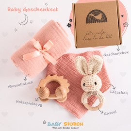 Baby Storch® Baby Gift for Birth Girl, 5-in-1 Set - Muslin Cloth, Bib, Wooden Toy, Rattle, Gift Packaging