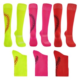 American Trends Girls Softball Socks with Stitches 3 Pairs Youth Athletic Socks for Soccer, Baseball, Softball, Football Rose Red & Yellow & Red S