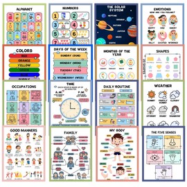 16 Kids Educational Posters for Toddlers - Pre K Learning Posters for Classroom & Homeschool - Alphabet, Numbers & More - Laminated Wall Decor for Preschool, Kindergarten, Elementary - 10x14 Inch (No Frame)