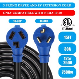 Kanayu 3 Prong Dryer/EV Extension Cord 15 FT, 30 Amp NEMA 10-30P to 10-30R, for Level 2 EV Charging and 3 Prong Dryer, Flexible STW 10 Gauge Cord with Grip Handle, ETL Listed