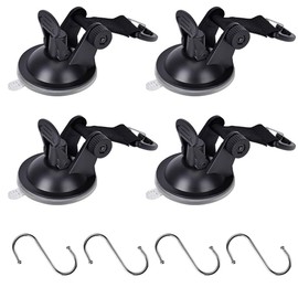 Wuudi 4 Suction Cups with 4 Hooks, Strong Suction Hooks for Camping, Motorhome, Workshop, Holder, Luggage, Tarpaulins, Tents, Car Tensioners (Set of 4)