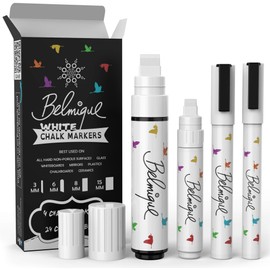 Chalk Pens White from 3 mm Thin to 15 mm Thick for Blackboard and Window | Ideal as Chalk Pen, Chalk Marker, Blackboard Pen, Foil Pen, Glass Paint Pens & Window Pens | Wet Wipe Clean Belmique