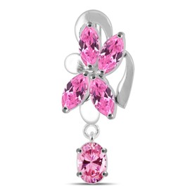 Pink CZ Crystal Stone Orchid with Oval Gems Dangling Reverse Bar 925 Sterling Silver Belly Ring Body Jewelry