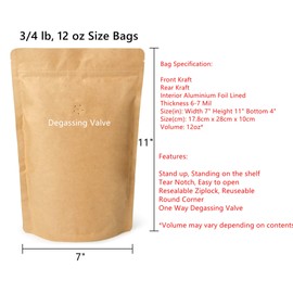 12oz Coffee Bags 100 Pieces - High Barrier Natural Kraft Paper Stand up Ziplock Pouches Bags with Valve & Zipper (100 Pcs, 12 Ounce/340 Gram/0.75 lb)