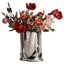 auons Crinkle Paper Bag Vase Ceramic Vase Modern Handmade, Creative Flower Arrangement Ornaments, Decorative Flower Vases for Home Decor Living Room Bedroom Wedding Party, B