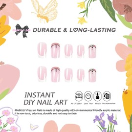 Press on Nails Medium Square MABKJLF French Tip Fake Nails Pink Full Cover Glue on Nails Rhinestones False Nails with Designs Glossy Stick on Nails Artificial Nails for Women Girls 24 Pcs