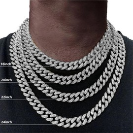 AFTREECuban Chain Men's and Women's Ice Crystal Chain Spiny Diamond square Zircon 18k silver plated titanium Shiny Miami necklace Hip Hop accessories（22 inches silver）