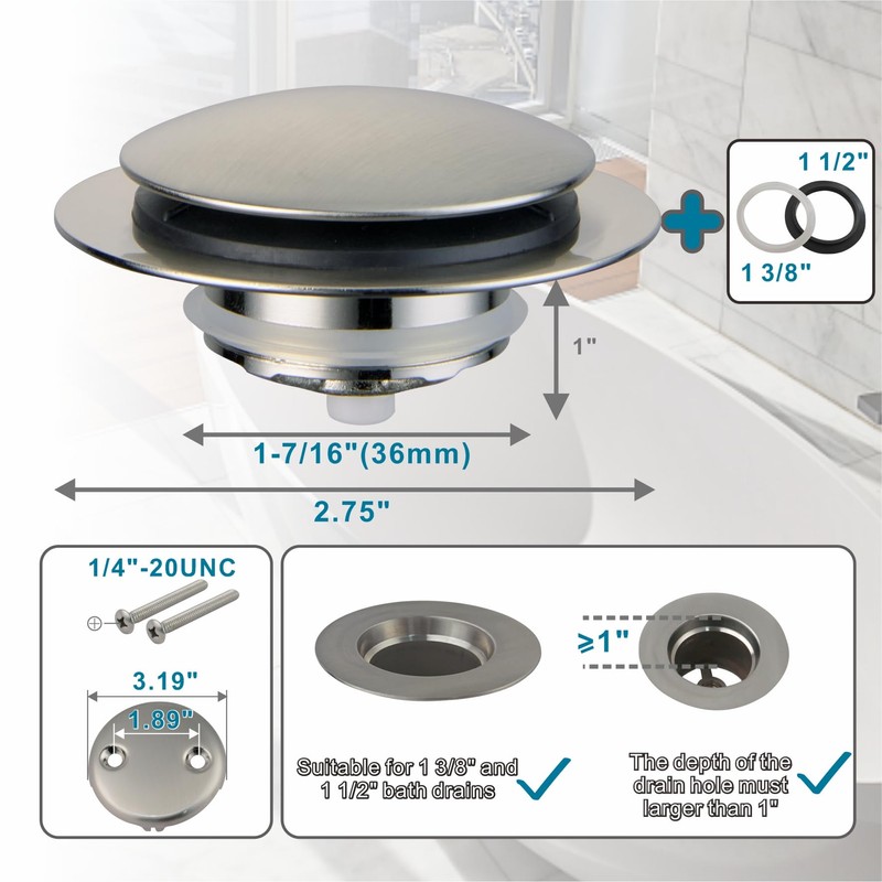 Brushed Bathtub Stopper Tub Drain,Welsan Universal Pop Up Tub Drain