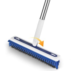 Hiitytin 4-in-1 Floor Scrub Brush with Long Handle V-Shaped Crevice Brush Floor Scrubber Mop with Squeegee and Tweezer for Cleaning Gap Tile Bathroom Kitchen Patio Deck Garage