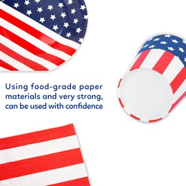 144 Pcs Patriotic Party Supplies Set - Includes 24 Plates, 24 Napkins, 24 Paper Cups and 72 Plastic Utensils - 4th of July Celebration Dinnerware