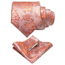 JEMYGINS Floral Necktie and Pocket Square Tie Clip Sets for Men, Rose Gold, One Size