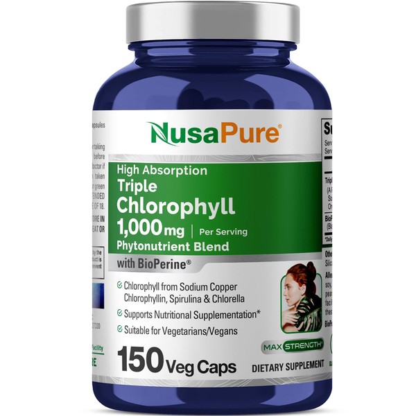 NusaPure Triple Chlorophyll Complex 1000 mg (Vegan Capsules, Non-GMO & Gluten Free, Bioperine) High Absorption