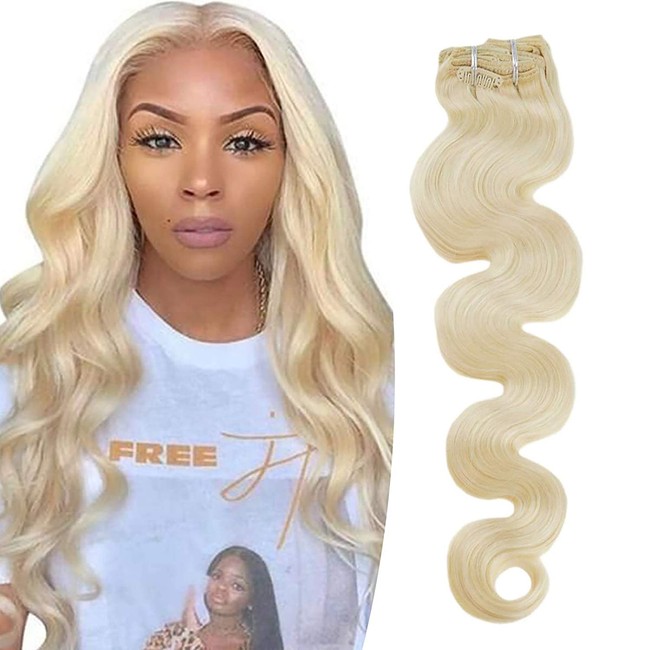 Hetto Boby Wave Hair Extensions Clip in Human Hair for Women 7pcs 100g Color #613 Bleach Blonde 14 Inch