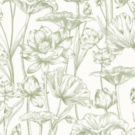 Vinjiasin Peel and Stick Wallpaper Green Floral Contact Paper Boho Modern Lotus Wall Paper for Bedroom Bathroom Living Room Self Adhesive Removable Flower Leaf 17.3"x 78.7"