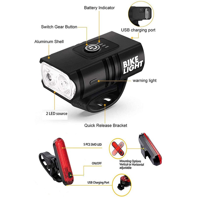 Bicycle Front Back Light USB Rechargable Bike Lamp Set Adjustable