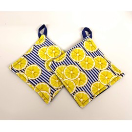 Pot holder for kitchen Pot Holder Set Oven Hot Pad Pot Holder for Cooking or Baking in a Blue Lemon Fabric Print