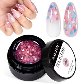 RARJSM Nude Clear Pink Heart Shape Glitter Gel Nail Polish Pink Holographic Laser Rainbow Effect Sparkle Shimmer Jelly Gel Polish Glossy Shine 8ml Soak Off Curing Need Home Salon DIY Nail Art Design