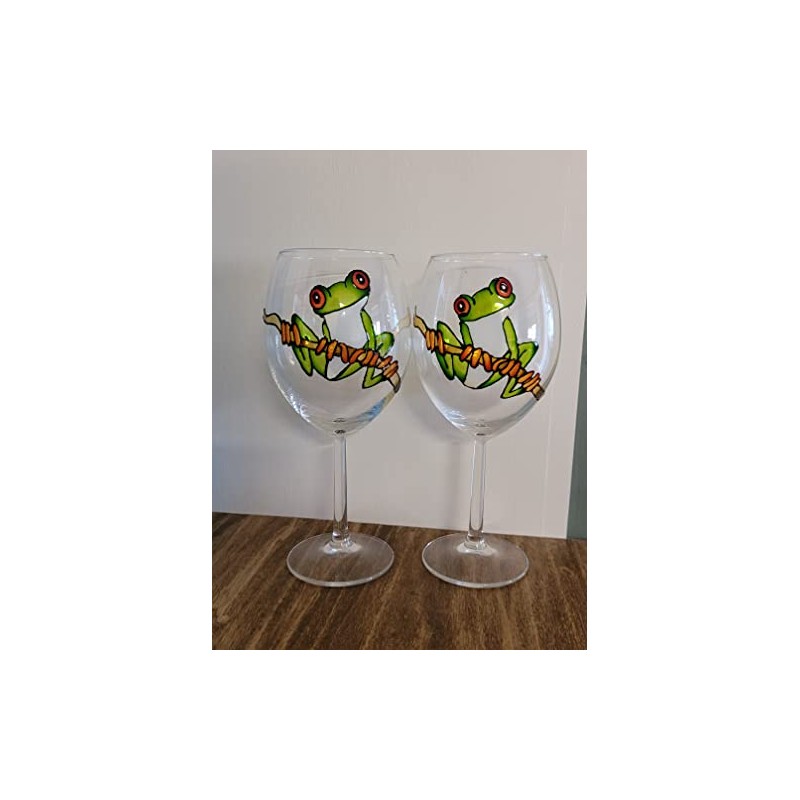Green Tree Frog Hand Painted Stemmed Wine Glasses Set of