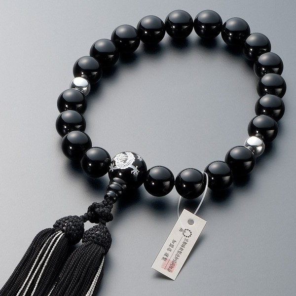 Butsudanya Takita Shoten Kyoto Prayer Beads for Men, Black Onyx, Oyama Dragon Carved, Silver, 20 Balls, Pure Silk Bassel, With Prayer Bag