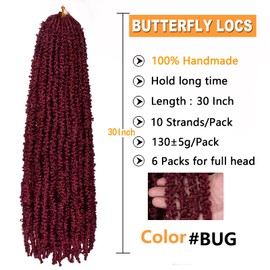 ZRQ 2 Packs Butterfly Locs 30 Inch Burgundy Soft Locs Crochet Hair,Pre-looped Distressed Faux Locs,Red Goddess Locs For Women Synthetic Hair Extensions (2 Packs BUG#)