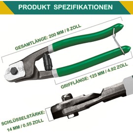 KEWAYO Wire Rope Cutter, 200 mm Chrome Vanadium Steel Cable Scissors, Professional Cut for Wire Rope, Stainless Steel Rope, Aluminium and Copper Cable