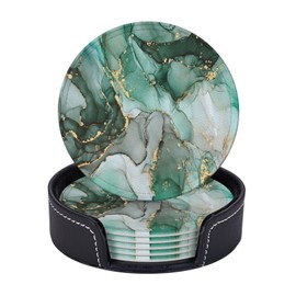 Marble Round Drink Coaster Set of 6 Pcs, Abstract Green Jade Gold Luxury Flow Liquid Modern Home Vintage Stone Printed Coaster Set
