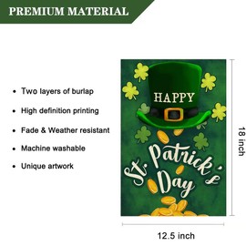 LHSION Happy St Patricks Day Garden Flag 12.5 x 18 Inch Shamrock Clovers Green Hat Decorative Double Sided Small Flag for Farmhouse Yard Outdoor Holiday Decor