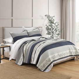 SOElinens Striped Quilt King Size - Navy White Quilt Set with Matching Shams, Vintage Vine Design Farmhouse Bedding Bedspread, 3 Pieces 100% Cotton Lightweight Coverlet Home Decor for All Season