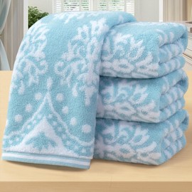 Hand Towels for Bathroom, Bath Hand Towel Set of 4, 16"x27" - 100% Cotton | Quick Dry | Soft | Light Weight | Absorbent, Jacquard Decorative Hand Towels Set, Aqua and White Damask Patterned