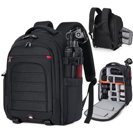 RAINSMORE Camera Backpack Camera Bag for DSLR/SLR Mirrorless 15.6 Inch Laptop Camera Backpack for Photographers Anti-theft Photography Bag with Rain Cover, Tripod Holder, Black