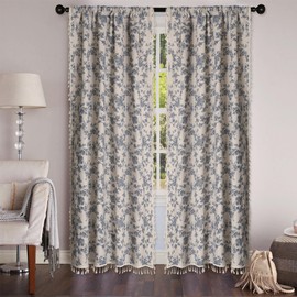 Moslovstar 1 Pair Blue Floral Linen Curtains Rustic Country Style Light Filtering Rod Pocket Window Drapes Beige Tassels, 52" W x 108" L