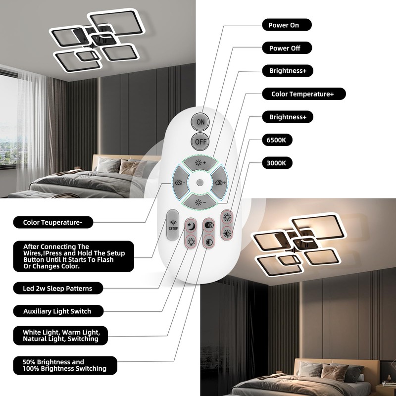 Modern Ceiling Light, 40.2'' LED Dimmable Acrylic Square 6+1 Rings