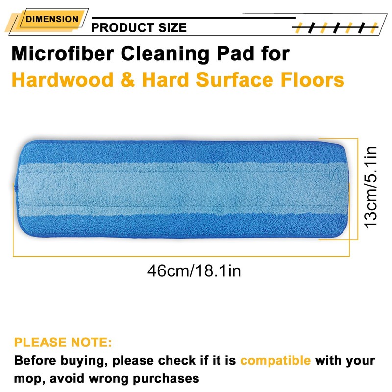 6 Packs 18 Inch Microfiber Cleaning Pads, Reusable Mop Replacement