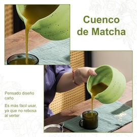 Matcha Kit de 4 Piezas, Kit de Té Matcha Ceremonial, Incluye Cuenco, Agitador de Bambú, Cuchara, Tamiz, Soporte, Diseño a Prueba de Fugas, Ideal para Uso Personal y Entretener a Invitadosl(Verde)
