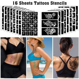 Qpout Tattoo Stencils for Children and Adults, 16 Sheets Henna Tattoo Stencils Set, Temporary Tattoo Stencils Reusable, Tattoo Stencils